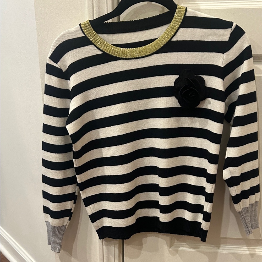 J.Crew, small sweater, gold neck, silver sleeves, black, and white stripe!